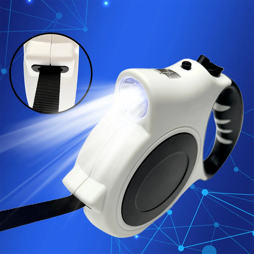 Laisse rétractable blanche avec lampe LED intégrée